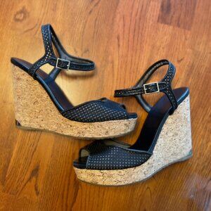 Jimmy Choo wedge sandals, 5" cork heels, ankle straps, black, size 40